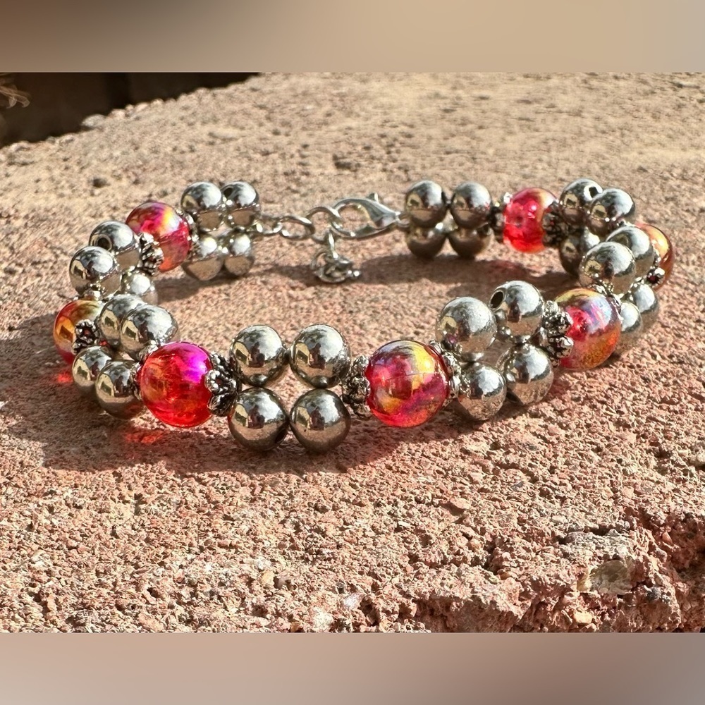 Red and Silver Beaded Adjustable Bracelet with Silver Colored Accents